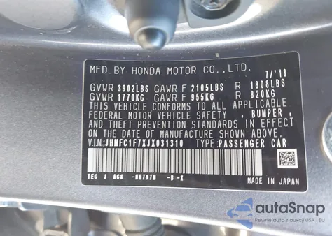 2018 Honda Civic Ex-L z USA, uszkodzony, nr VIN JHMFC1F7XJX031310